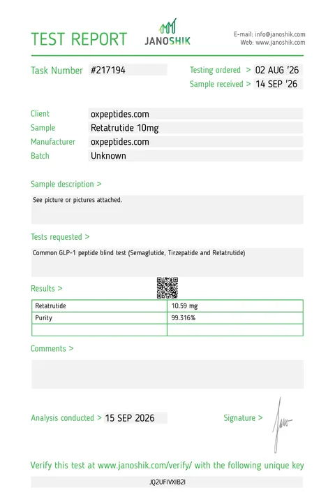 Janoshik test report #217194, OXpeptides Retatrutide 10 mg, purity 99.316%
